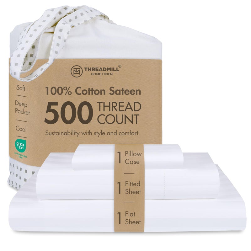 Threadmill 500 Thread Count Twin-XL Size Damask Stripe, 3 Pc Luxury Cotton Bed Sheet Set, Breathable Hotel White Sheets with 15" Elasticized Deep Pocket, 1 Pillowcase & Free Tote Bag - Image 1